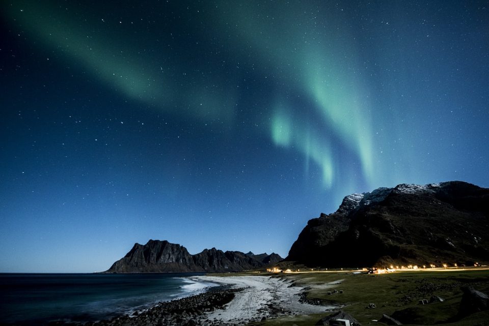 aurora borealis, lofoten, norwegen, nacht, strand, costa