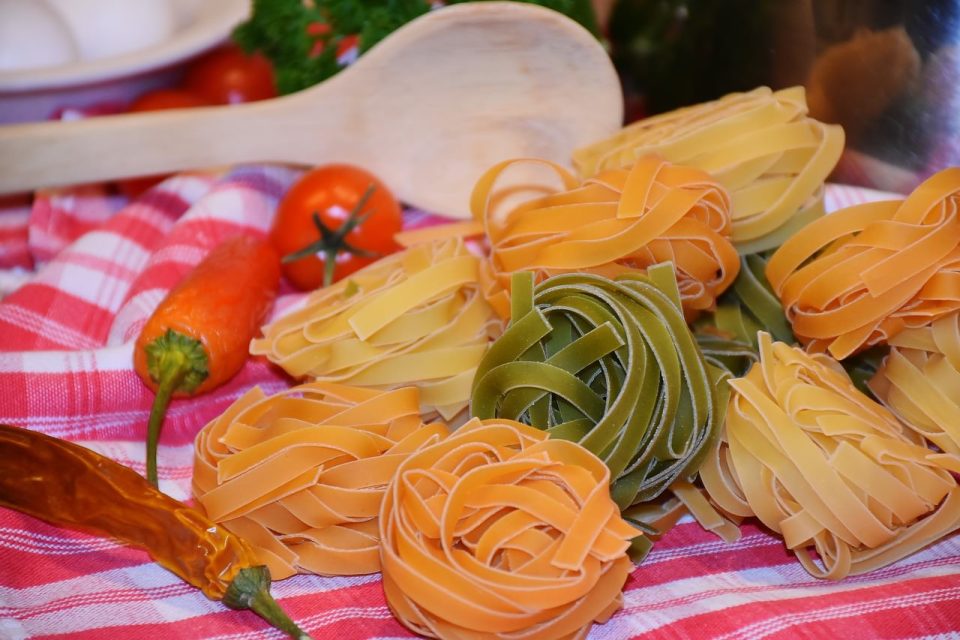 noodles, tagliatelle, pasta, raw, colorful, food, carbohydrates, raw pasta,staple food, italian, edible